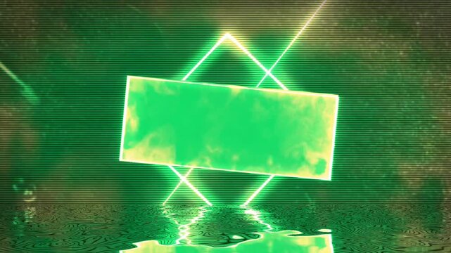 Glowing Green Neon Rectangle Frame with Cyberpunk Laser Effect & Water Reflection - Futuristic Motion Background