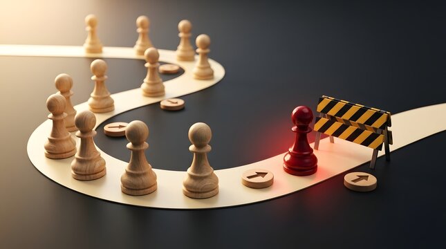 Business strategy and competitive decision making represented by a red chess pawn following a winding path toward a roadblock, highlighting risk, obstacles, leadership, and strategic planning