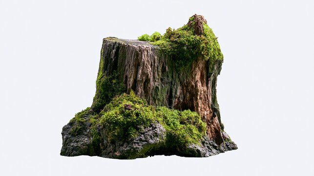 Old tree stump covered in lush green moss isolated on white background