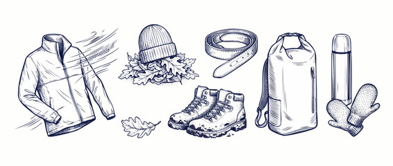 Hiking gear outdoor equipment set hand drawn vector autumn jacket boots backpack thermos for adventure travel camping apparel vintage line art illustration isolated on white background autumn collecti © Dinali