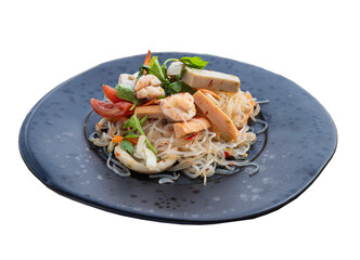 vibrant Yum Woon Sen is a masterclass in Southeast Asian balance, featuring a nest of translucent, silk-like glass noodles glistening in a zesty lime and chili dressing isolated on white background wi © num