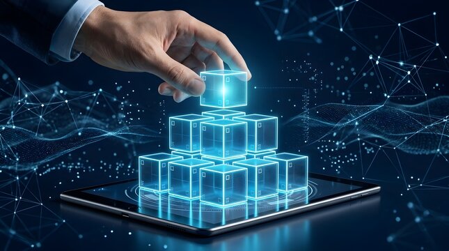 Digital transformation and scalable business technology concept featuring glowing cubes assembled on a tablet with interconnected networks representing innovation and growth