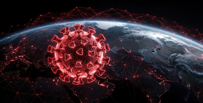 Red 3d coronavirus molecule floats over planet Earth in dark space. Global pandemic spread connects continents through glowing red network lines. Digital virus structure represents biotech science,