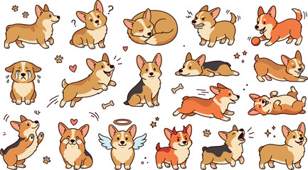 Fototapeta premium Cute Corgi Dog Character Vector Illustration Set with Various Playful Emotional PosesCute Corgi Dog Character Vector Illustration Set with Various Playful Emotional Poses