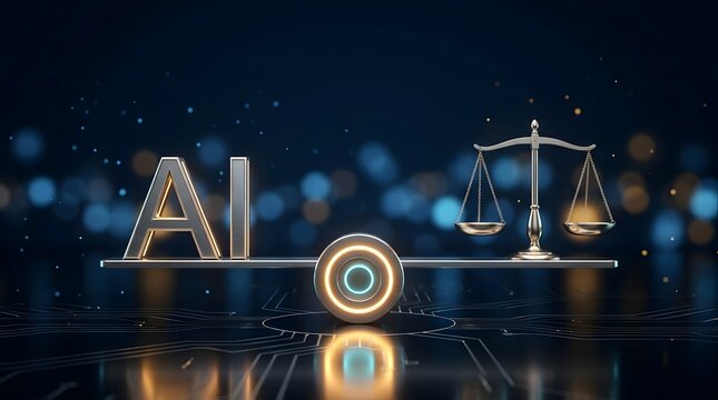 AI legal technology concept featuring a balanced justice scale, artificial intelligence symbol, and futuristic digital circuitry representing ethical technology and fair decision making