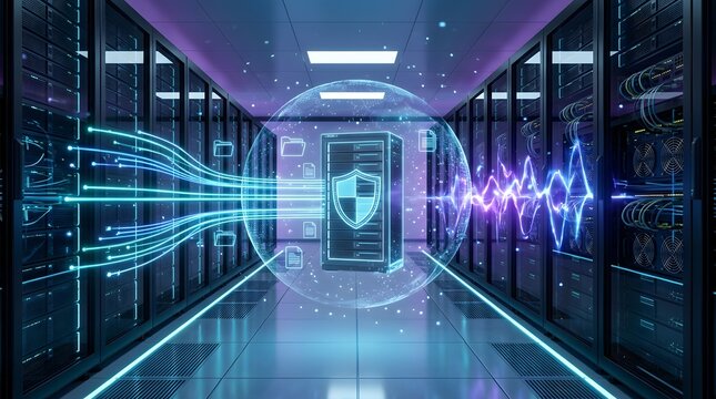 Futuristic data center with secure server infrastructure, glowing data streams, digital shield, and protected cloud computing system representing advanced cybersecurity and data protection