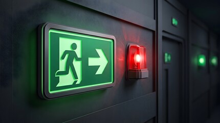 Plakat Illuminated emergency exit sign with directional arrow and red warning beacon installed on a dark building corridor for evacuation, workplace safety, emergency preparedness, and security