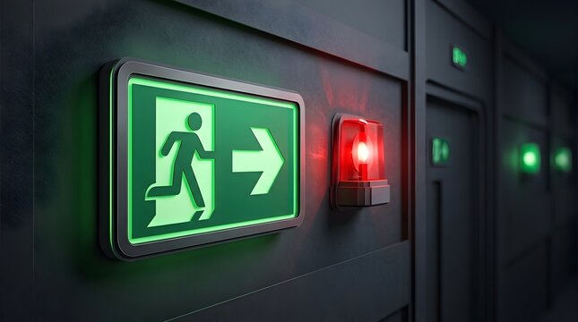 Illuminated emergency exit sign with directional arrow and red warning beacon installed on a dark building corridor for evacuation, workplace safety, emergency preparedness, and security