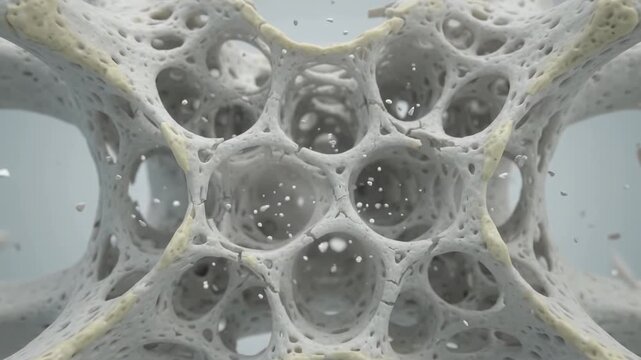 Osteoporosis bone structure animation showing porous bone tissue deterioration and fragility