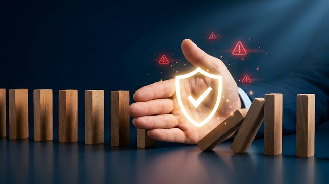 Business risk management concept with a protective hand and glowing shield stopping a chain reaction of falling wooden blocks, symbolizing prevention, resilience, crisis protection, security, and stra