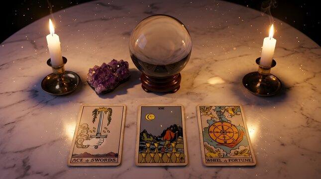Tarot card crystal ball and candle on marble table