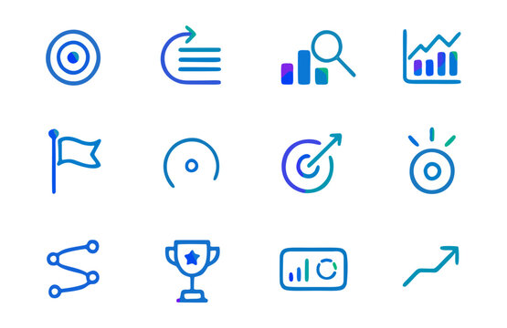 Set of icons for okr goal setting and performance tracking in business management