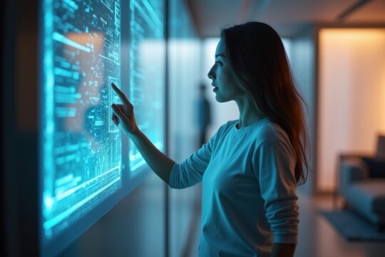 Young Woman Interacting With Large Glowing Futuristic Digital Screen Interface