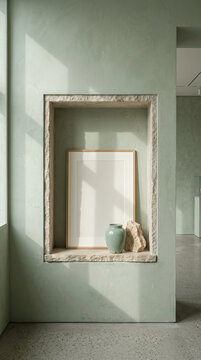 Modern Sage Plaster Wall Niche with Wooden Frame and Ceramic Decor Mockup