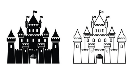 Fototapeta premium Detailed castle silhouettes with flags on a white background silhouette