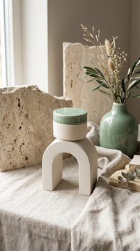 Photorealistic Luxury Ceramic Cosmetic Jar Mockup with Arch Stand and Green Tone