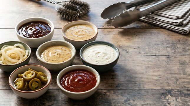 Assorted dipping sauces in small bowls on a dark rustic wooden table with kitchen tools and napkins. BBQ condiment ideas