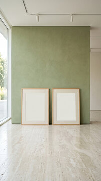 Minimalist Vertical Frame Mockup Against Sage Green Wall Gallery