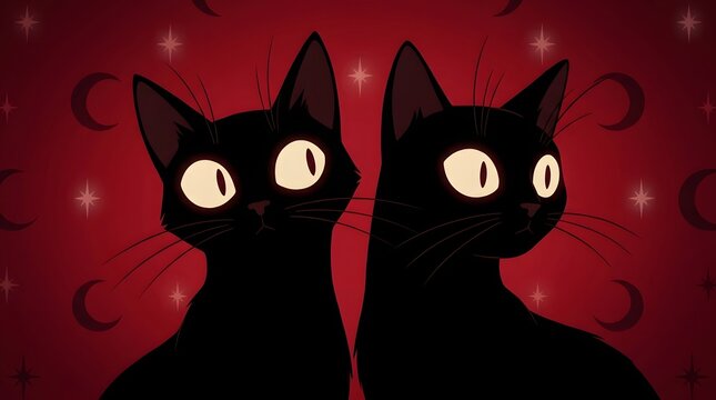 Two black cats with yellow eyes on red background