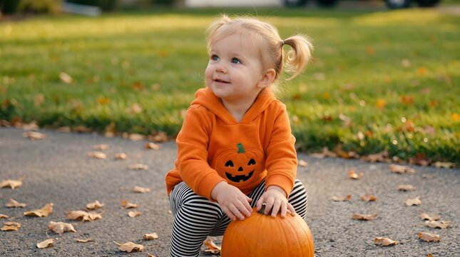 Toddler girl in orange hoodie sitting with pumpkin
