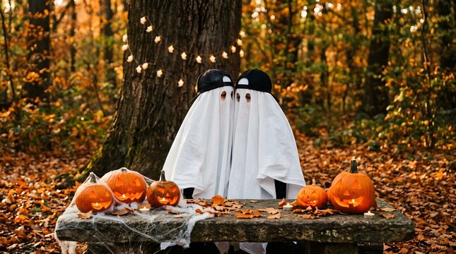 Two people in ghost costumes with pumpkins in autumn forest