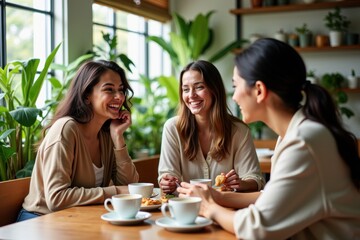 Fototapeta premium Three happy female friends enjoying coffee and conversation in a bright cafe