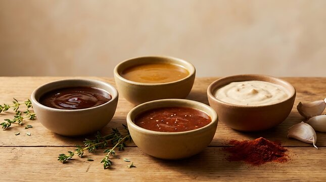 Four small bowls with different colorful sauces and fresh herbs on a rustic wooden table top surface. BBQ condiment ideas