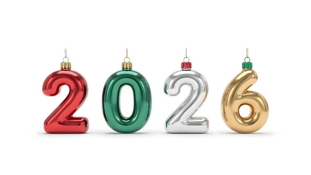 Set of four colorful christmas tree ornaments shaped as numbers forming the year 2026
