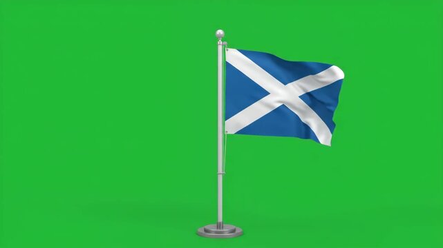 Scottish flag waving majestically on a flagpole against a vibrant green screen background, symbolizing national pride and heritage.