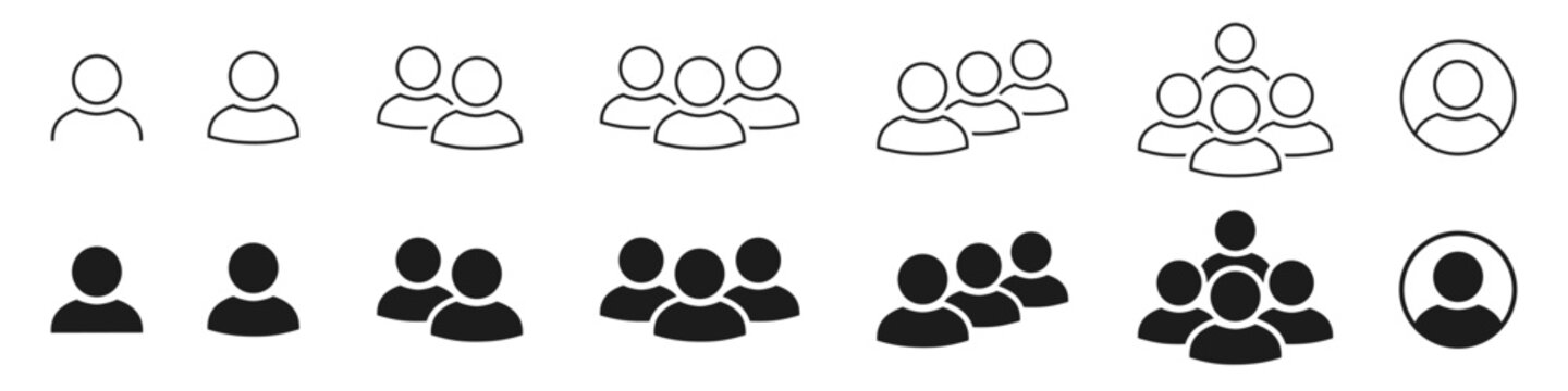 User profile and people group set icons in outline and solid fill styles, single individuals and multiple people