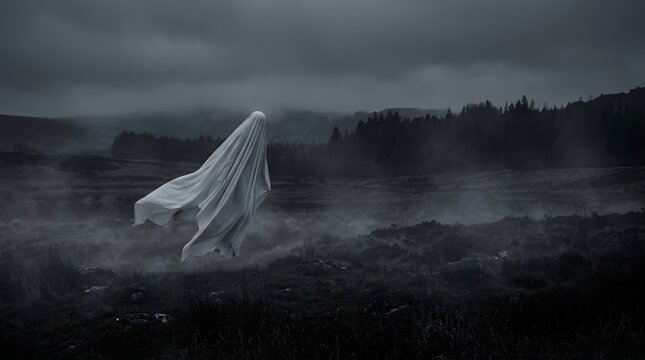 White cloth figure floating in misty landscape