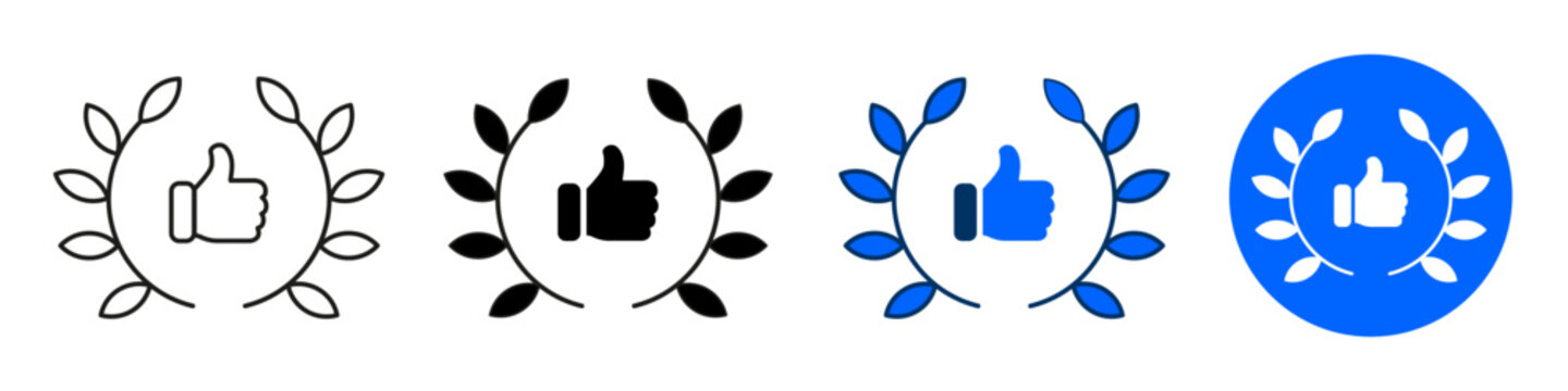 Laurel thumbs up award, positive customer reviews, rating service, recognition appreciation, symbol of best quality. Line, filled, black and color set style. Editable stroke