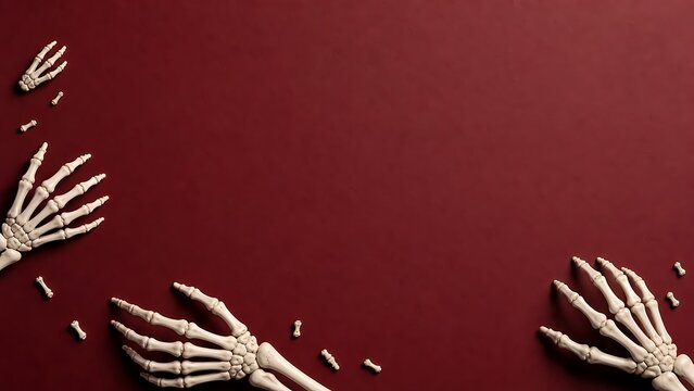 Top view of human skeleton hands arranged on a dark red background creating a spooky halloween themed flat lay composition