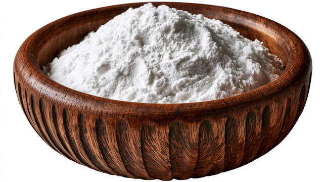 Wooden bowl filled with fine white flour against a white background