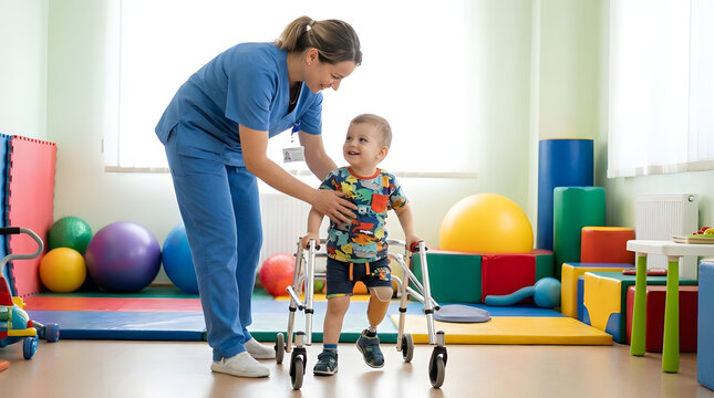 Pediatric physical therapist helping child use walking frame.