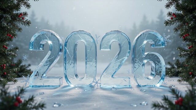 The number 2026 written in crystal ice against a winter forest background with evergreen branches