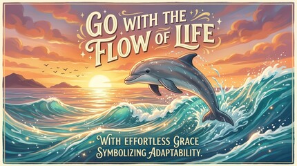 Naklejka premium A dolphin jumps in the ocean waves at sunset with the inspirational quote 'Go with the flow of life' symbolizing adaptability
