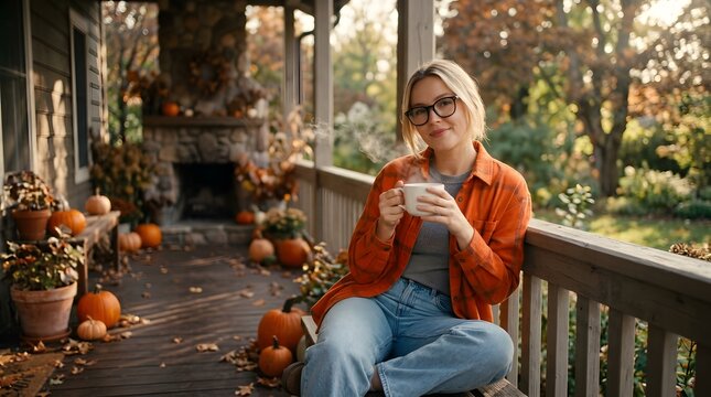 Woman sitting on porch with hot mug in autumn