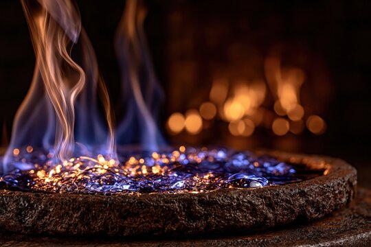 Blue flames rising from glowing embers and hot stones in fireplace