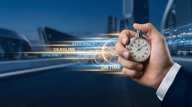 Business professional holding a stopwatch with efficiency, deadline and on-time concepts, symbolizing time management, productivity, operational performance and timely business delivery