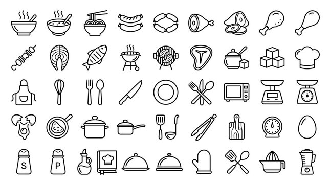 Food and Cooking Editable Line Icon Set with Hot Bowl, Sausages, Ham, Fried Chicken, Kebab, Fish Steak, BBQ, Chef Hat, Utensils, and Kitchen Tools