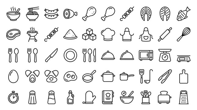 Modern Food and Kitchen Outline Icon Collection Featuring Sausages, Ham, Fried Chicken, Kebab, Fish Steak, BBQ, Eggs, Chef Tools, Utensils, and Appliances