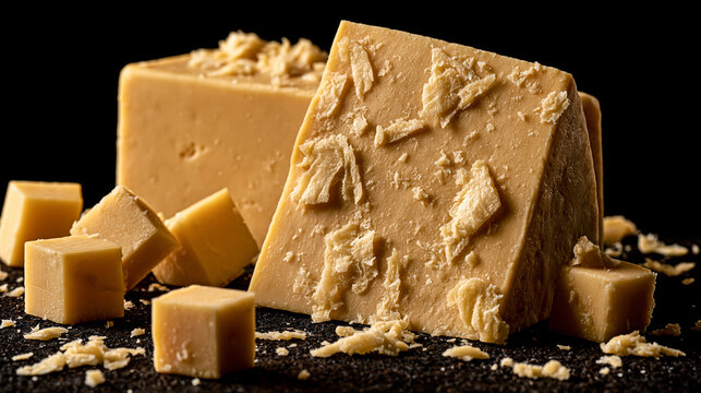 Fresh delicious brown fudge block pieces with crumbs on black background