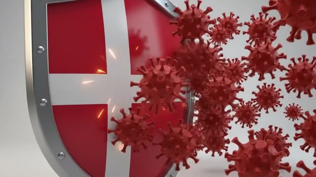 A shield featuring the flag of denmark being struck by red virus particles isolated on white background