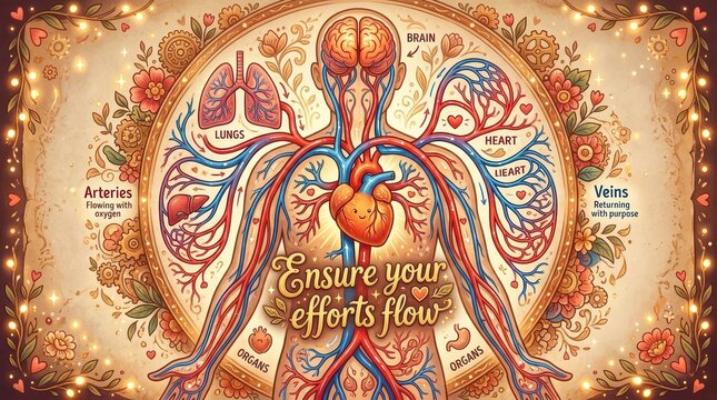 Artistic human circulatory system illustration with floral border and motivational text 'Ensure your efforts flow', symbolizing health and life