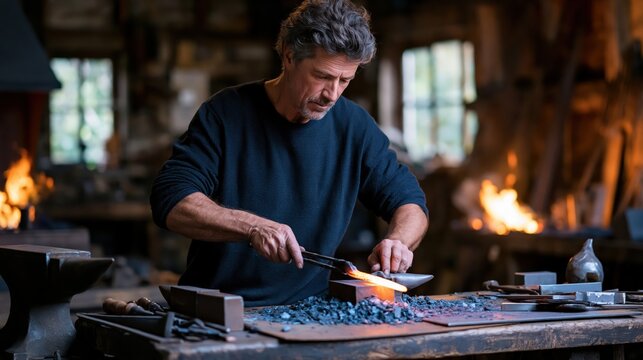 Middle-aged man blacksmith working with glowing metal on anvil in workshop with fire bokeh