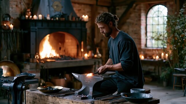 Blacksmith crafting metal with glowing forge fire and anvil in rustic workshop ambience