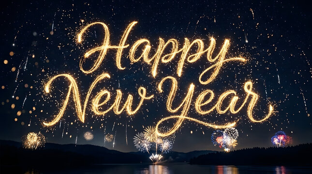 Happy New Year text written with golden glowing sparkler light over a festive firework display at night transparent background
