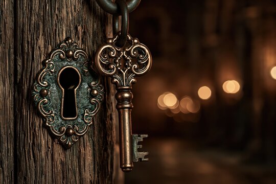 Antique skeleton key in ornate keyhole on weathered wooden door