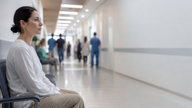Patient waits in busy corridor with thoughtful expression as medical staff and other patients move through hospital hallway